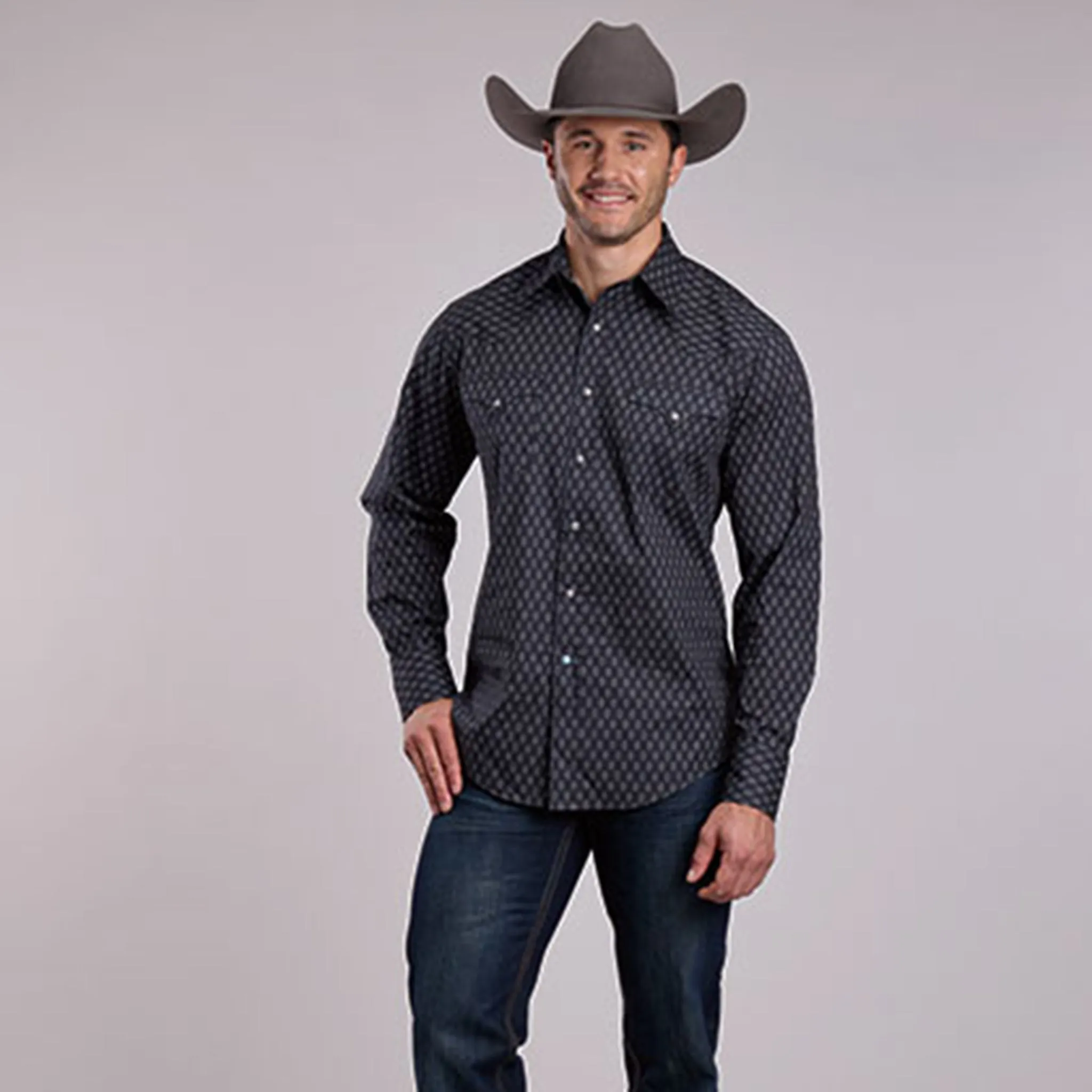 Roper Men's Dark Grey Diamond Print Long Sleeve Shirt sold by Western Edge