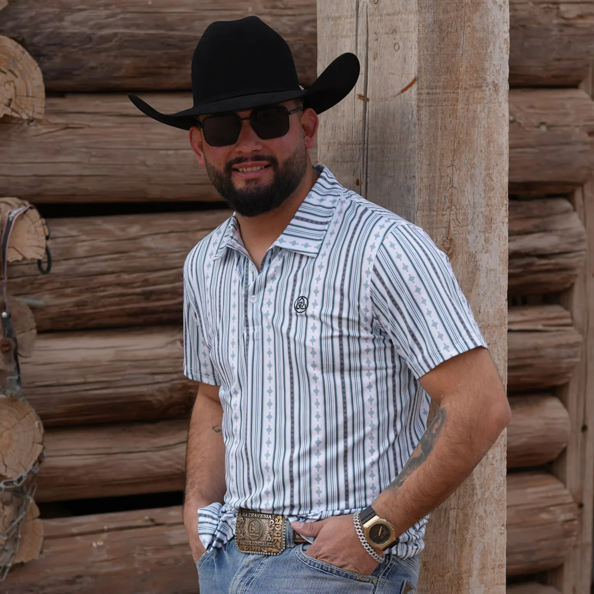 Men's White & Blue Vertical Striped Polo sold by Western Edge