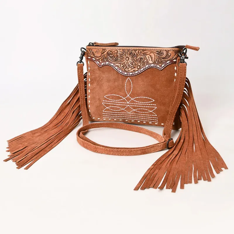 Brown Suede Boot Stitch Fringe Crossbody made by Western Edge