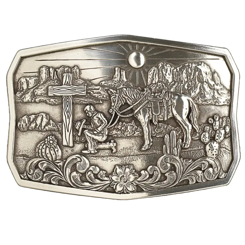Praying Cowboy Cactus Antique Silver Buckle made by Nocona