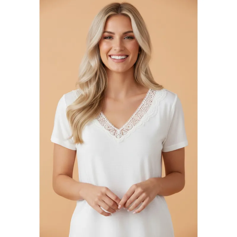 White Lace V-Neck Short Sleeve Tee made by Western Edge