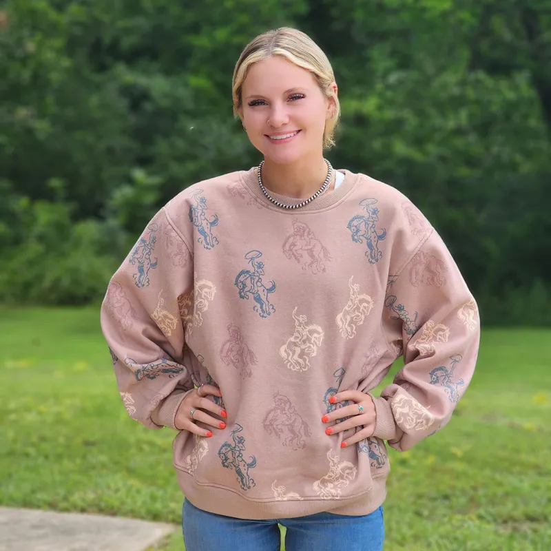 Tan Bucking Horse Sweatshirt made by Western Edge