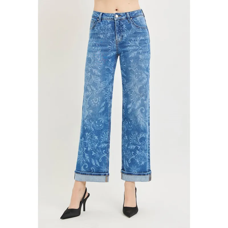 Risen Mid Rise Floral Print Straight Ankle Jeans made by Risen