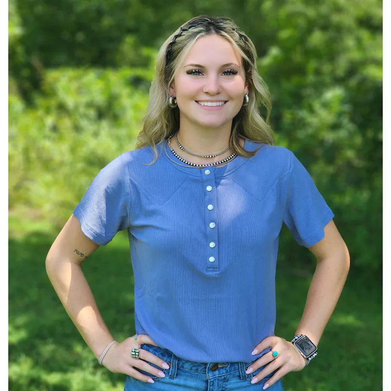 Ribbed Blue Pearl Snap Tee made by Western Edge