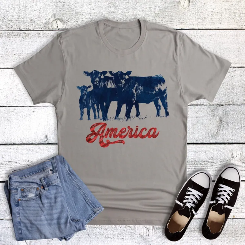 Grey America Cows Tee made by Western Edge
