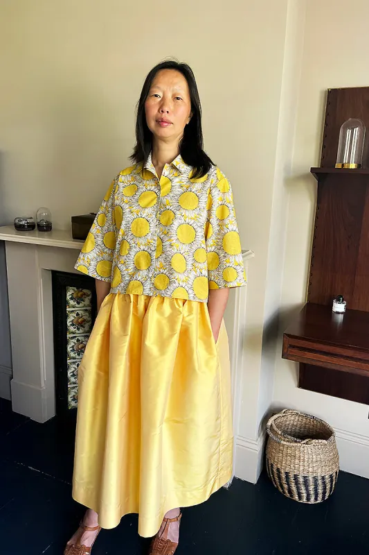 Tina Silk Gathered Midi Skirt  Yellow sold by ELWIN