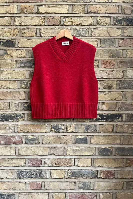 Raye British Wool V Neck Vest Red sold by ELWIN