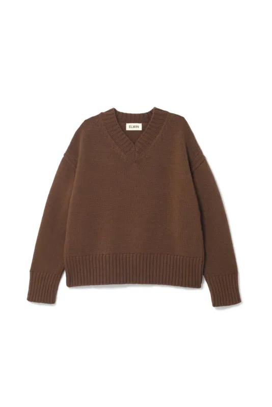 Raye British Wool V Neck Sweater Brown Umber sold by ELWIN