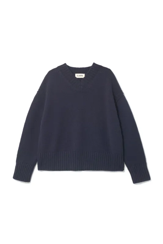 Raye British Wool V Neck Sweater Navy sold by ELWIN