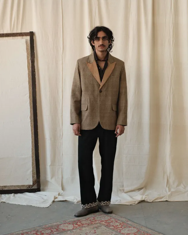 SUEDE LAPEL SILK BLAZER made by Kartik Research