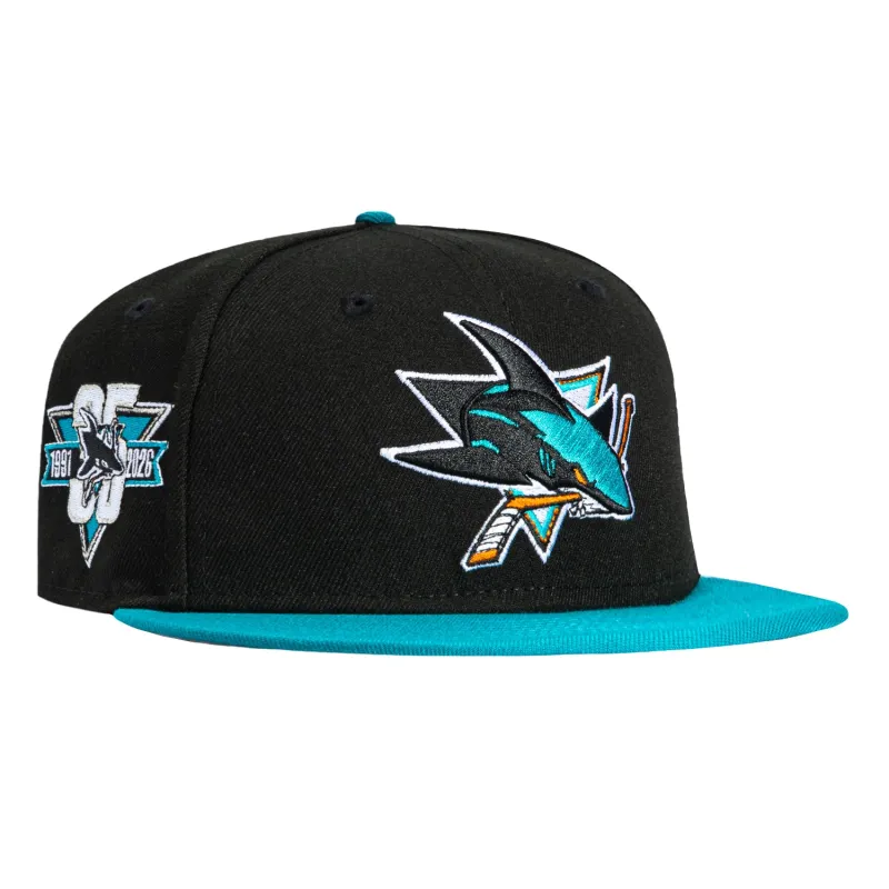 New Era 59Fifty San Jose Sharks 35th Anniversary Patch Hat - Black, Teal sold by Hat Club