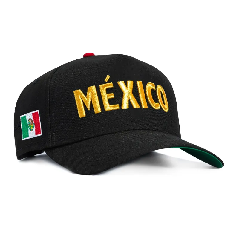 New Era 9Forty A-Frame Mexico Mexico Flag Patch Word Snapback Hat - Black, Metallic Gold sold by Hat Club