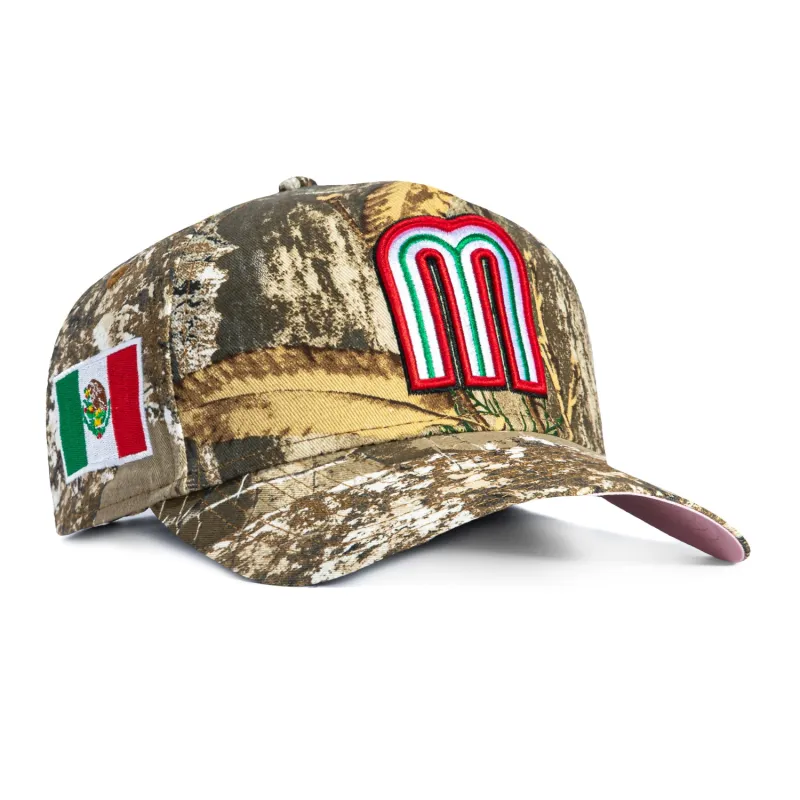 New Era 9Forty A-Frame Mexico World Baseball Classic Mexico Flag Patch Snapback Pink UV Hat - Realtree sold by Hat Club