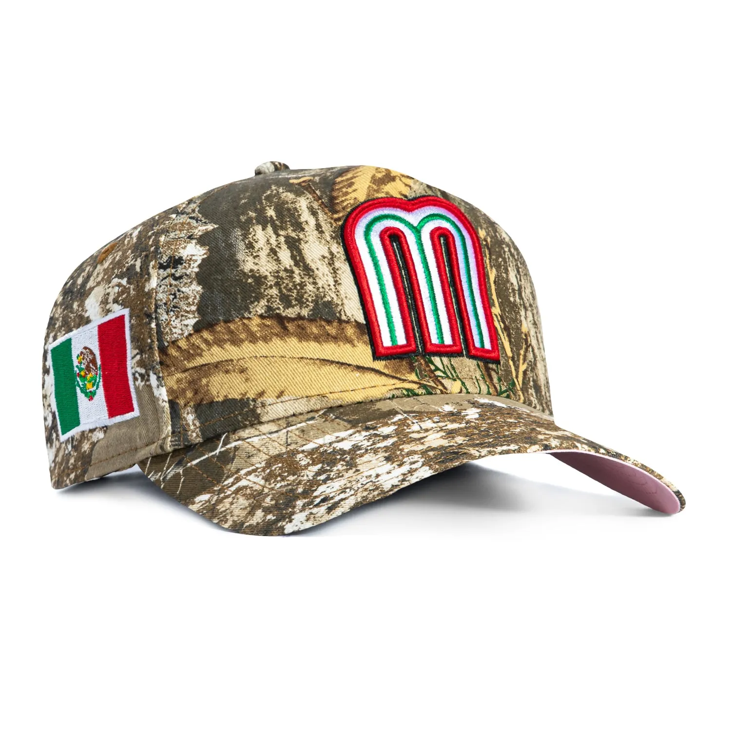 New Era 9Forty A-Frame Mexico World Baseball Classic Mexico Flag Patch Snapback Pink UV Hat - Realtree sold by Hat Club