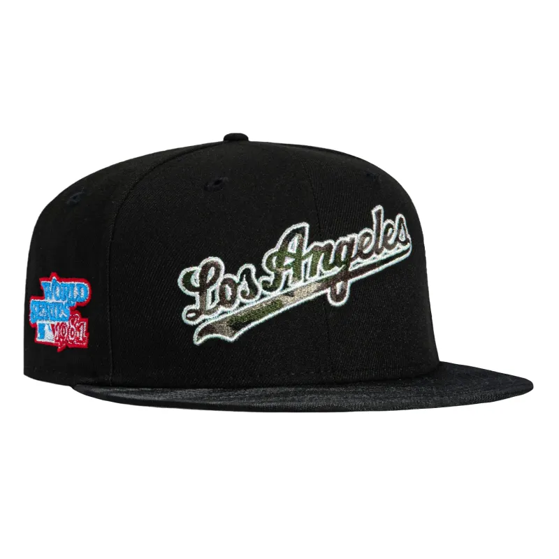 New Era 59Fifty Los Angeles Dodgers 1981 World Series Patch Script Hat - Black, Black Camo sold by Hat Club