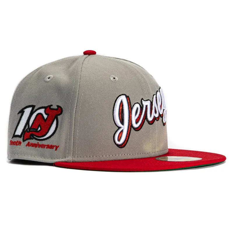 New Era 59Fifty New Jersey Devils 10th Anniversary Patch Script Hat - Grey, Red sold by Hat Club