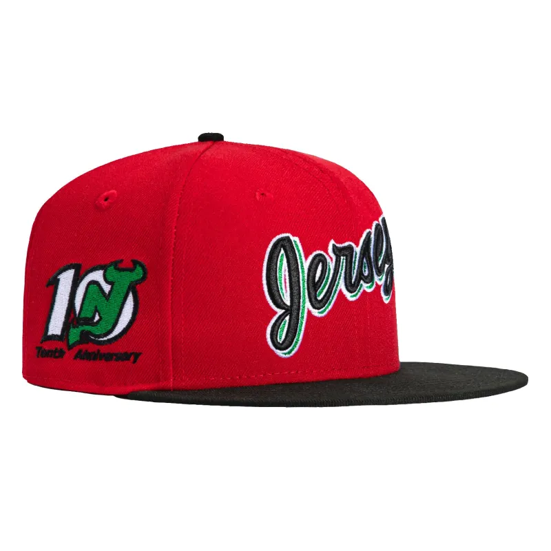 New Era 59Fifty New Jersey Devils 10th Anniversary Patch Script Hat - Red, Black sold by Hat Club