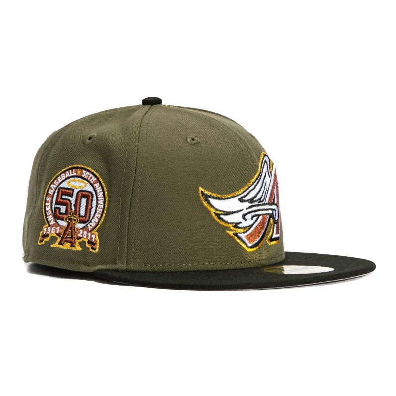 New Era 59Fifty Los Angeles Angels 50th Anniversary Patch 1997 Hat - Olive, Black, Metallic Copper made by New Era