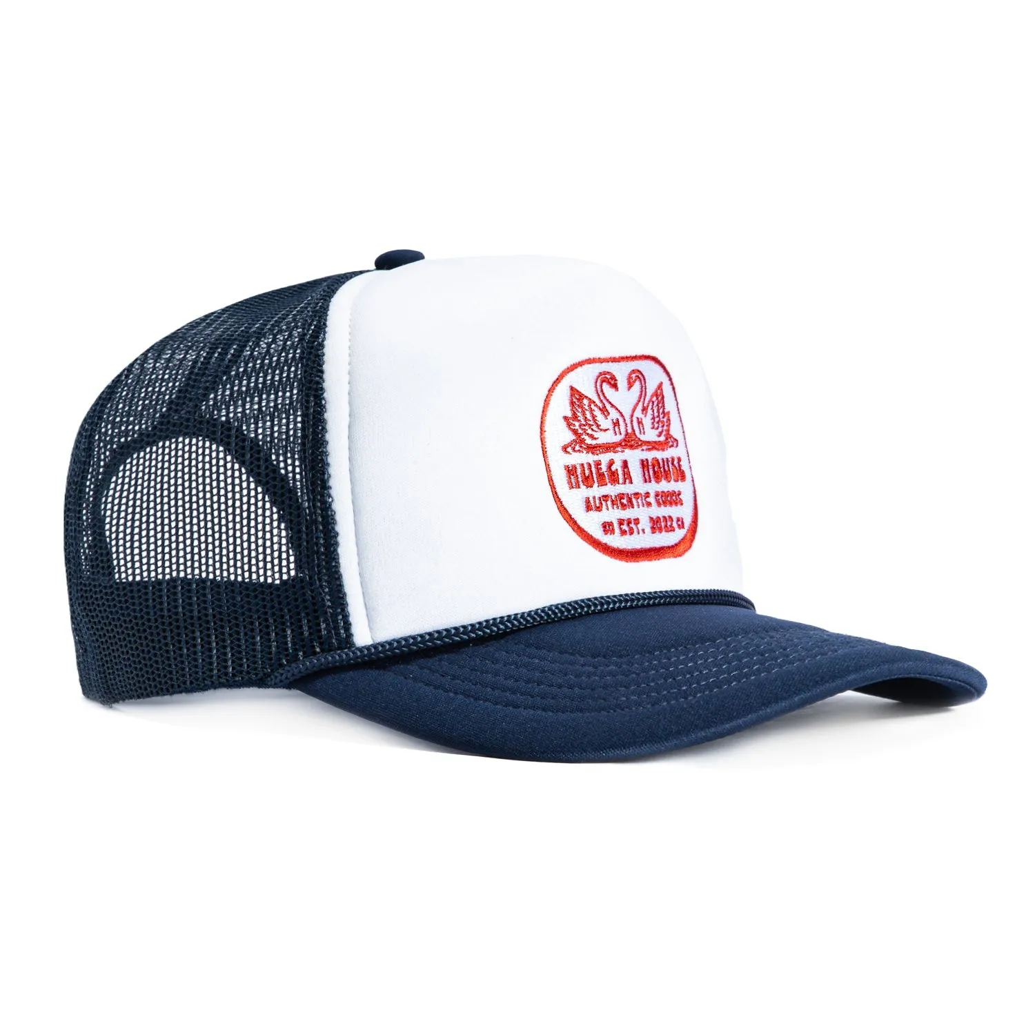 Huega House Double Swan Foam Trucker Snapback Hat - Navy, White sold by Hat Club