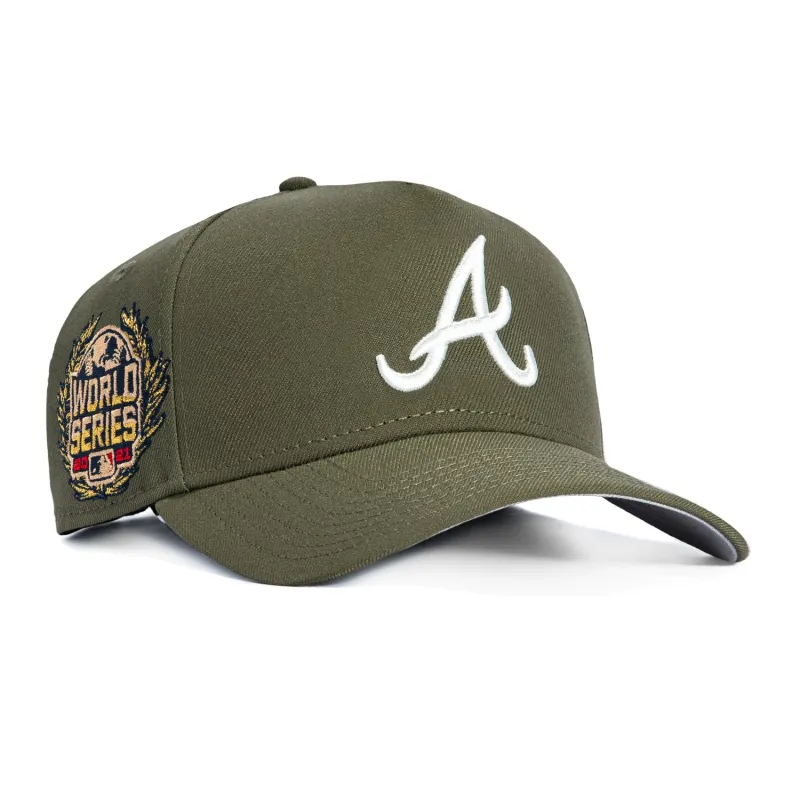 New Era 9Forty A-Frame Atlanta Braves 2021 World Series Patch Snapback Hat - Olive, Ivory sold by Hat Club