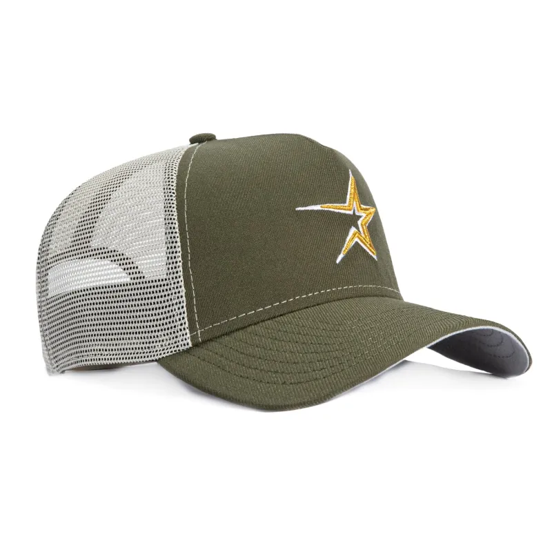 New Era 9Forty A-Frame Houston Astros Snapback Trucker Hat - Olive, Stone sold by Hat Club