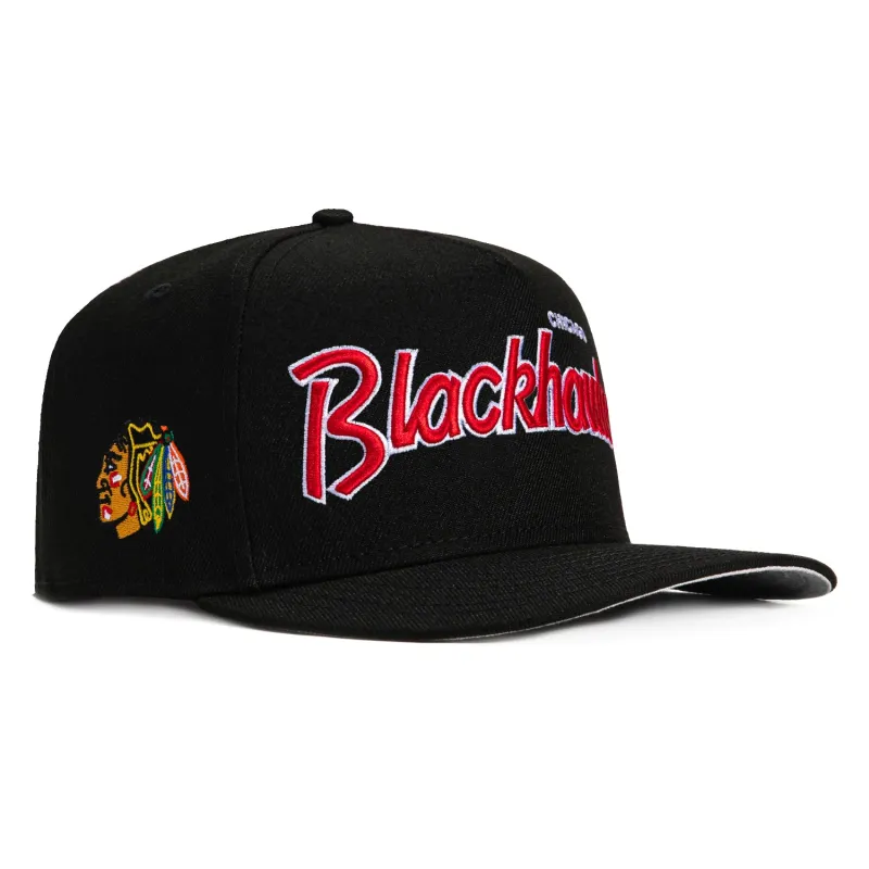 New Era 9Fifty A-Frame Chicago Blackhawks Logo Patch Snapback Script Hat - Black sold by Hat Club