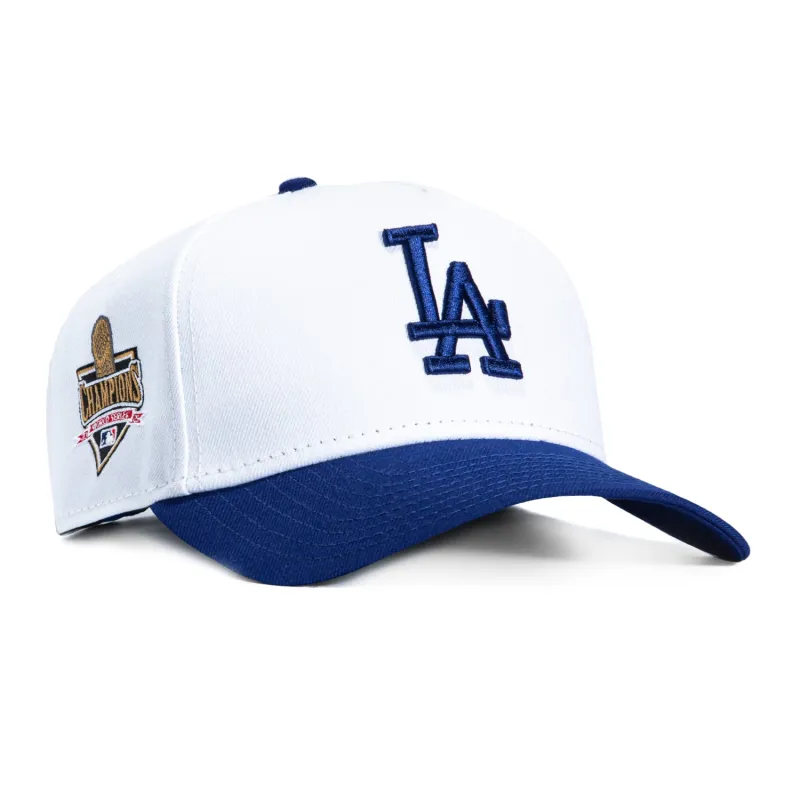 New Era 9Forty A-Frame Los Angeles Dodgers 2025 World Series Champions Trophy Patch Snapback Hat - White, Royal made by New Era