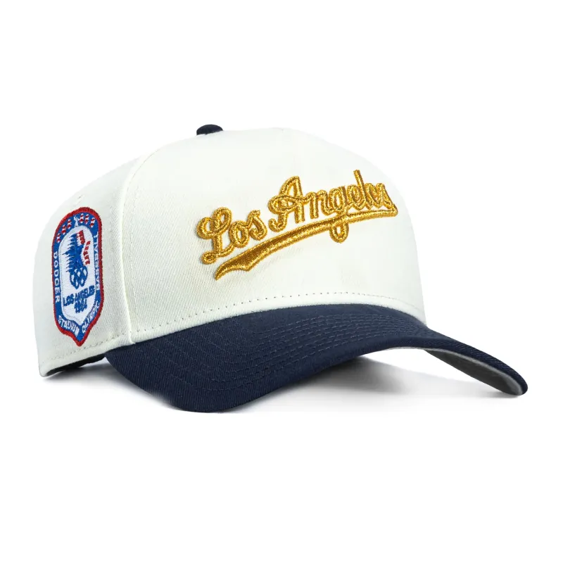 New Era 9Forty A-Frame Los Angeles Dodgers 1984 Olympic Stadium Patch Script Snapback Hat - White, Navy, Metallic Gold sold by Hat Club