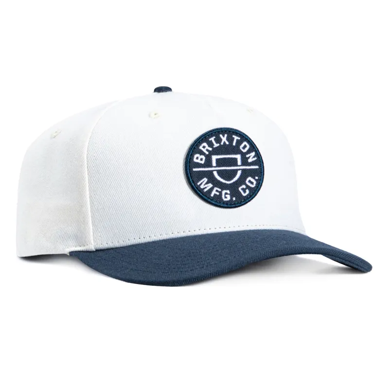 Brixton Crest Snapback Hat - White, Navy sold by Hat Club