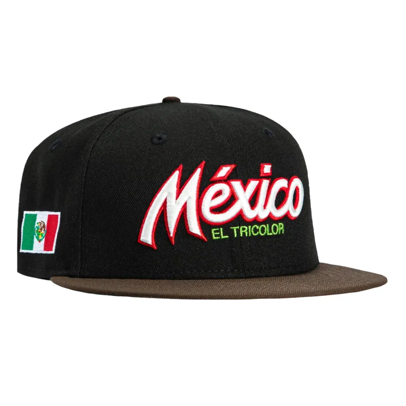 New Era 59Fifty Mexico El Tricolor Mexico Flag Patch Script Snapback Hat - Black, Brown sold by Hat Club