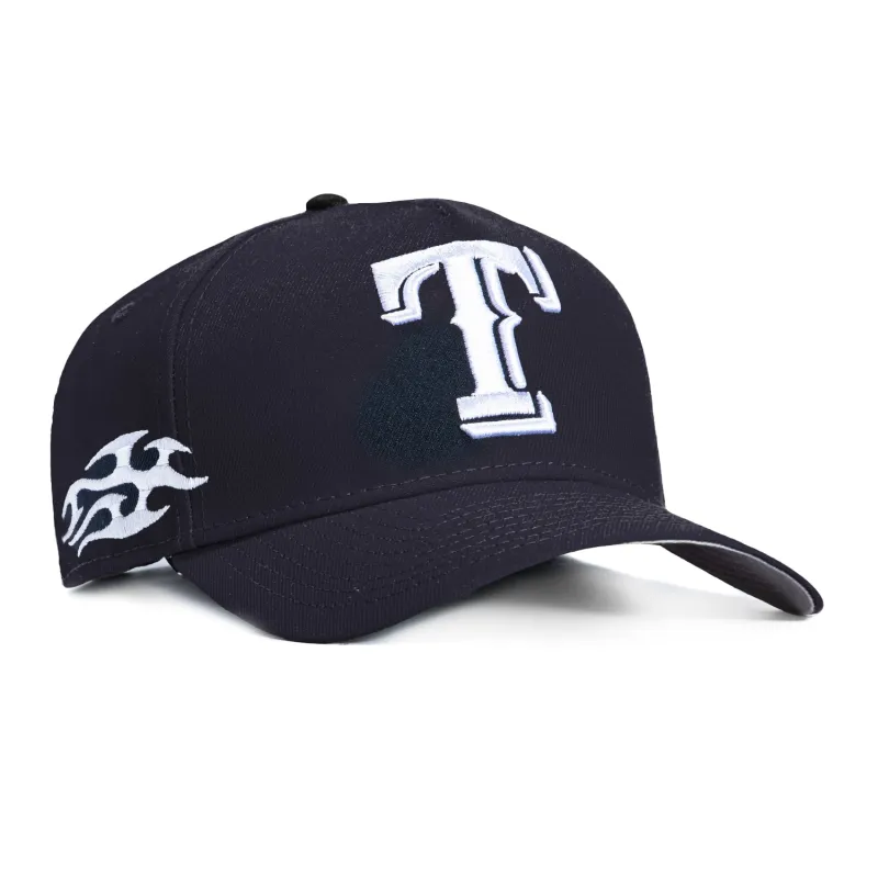 New Era 9Forty A-Frame Texas Rangers Tribal Tattoo Stitching Patch Snapback Hat - Navy, White sold by Hat Club
