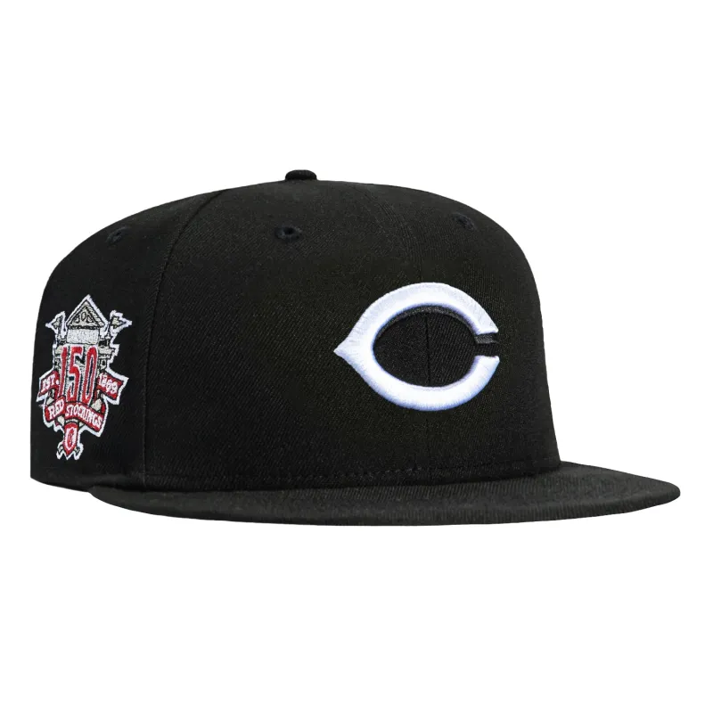 New Era 59Fifty Cincinnati Reds 150th Anniversary Patch Hat - Black, White made by New Era