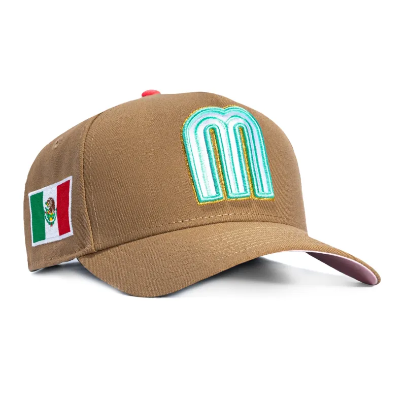 New Era 9Forty A-Frame Mexico World Baseball Classic Mexico Flag Patch Snapback Hat - Khaki, Mint, Metallic Gold sold by Hat Club