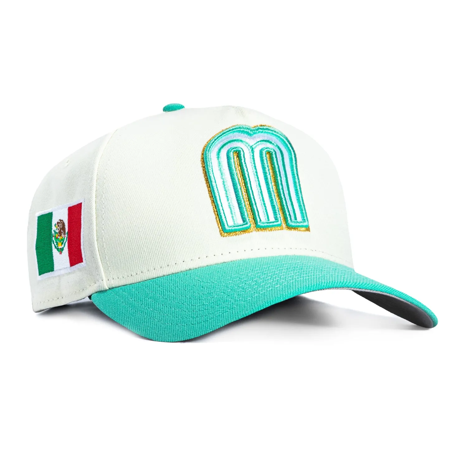 New Era 9Forty A-Frame Mexico World Baseball Classic Mexico Flag Patch Snapback Hat - White, Mint, Metallic Gold sold by Hat Club