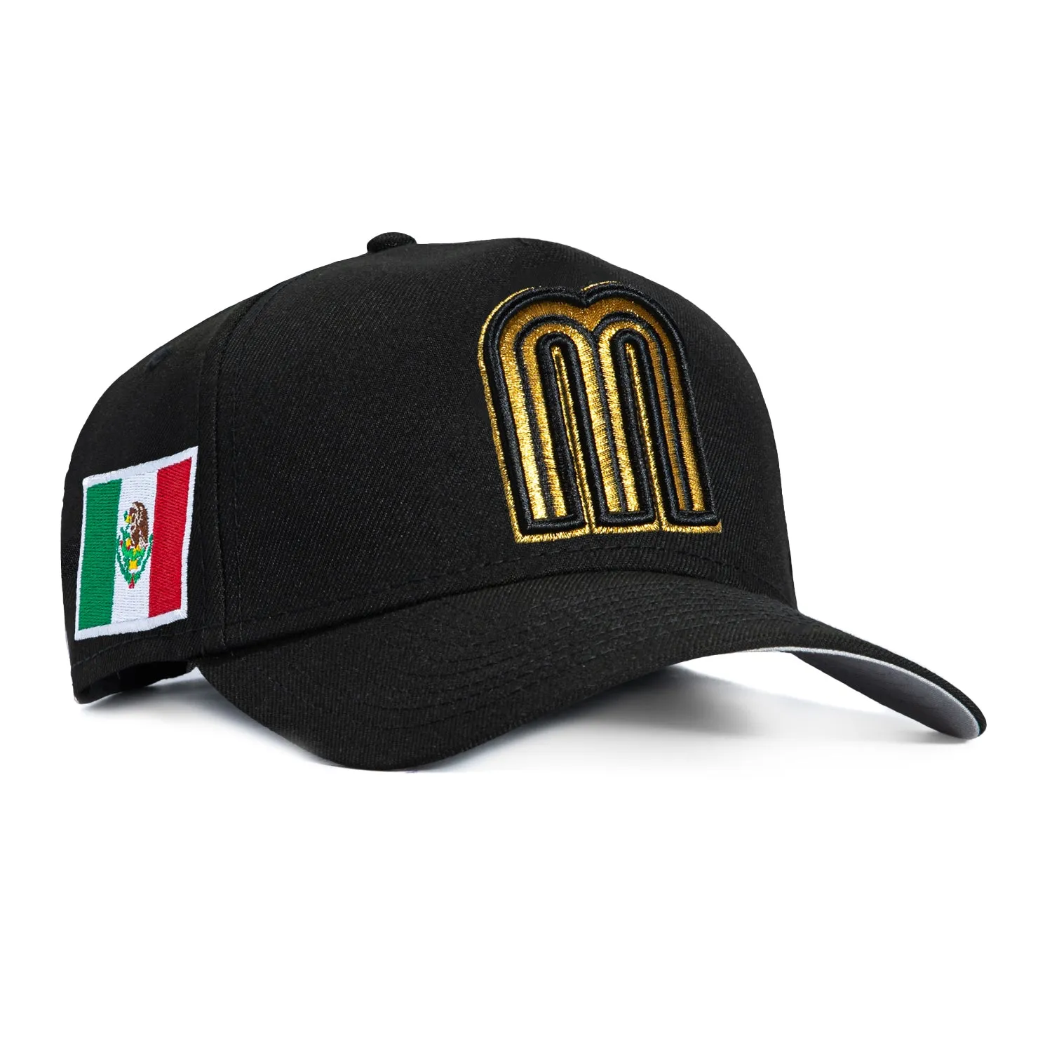 New Era 9Forty A-Frame Mexico World Baseball Classic Mexico Flag Patch Snapback Hat - Black, Metallic Gold sold by Hat Club
