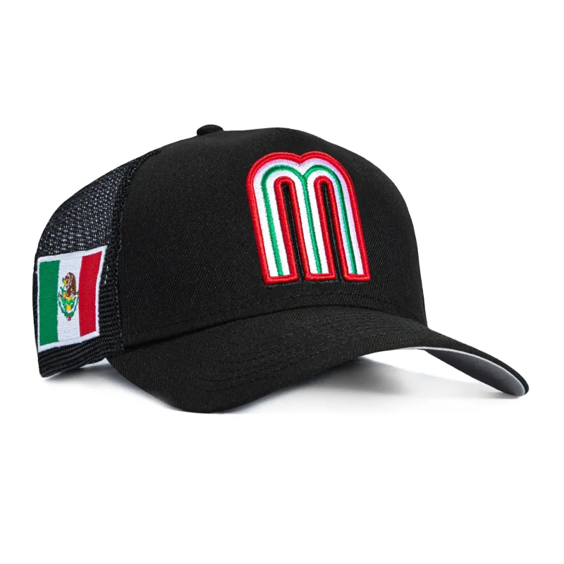 New Era 9Forty A-Frame Mexico World Baseball Classic Mexico Flag Patch Trucker Snapback Hat - Black sold by Hat Club