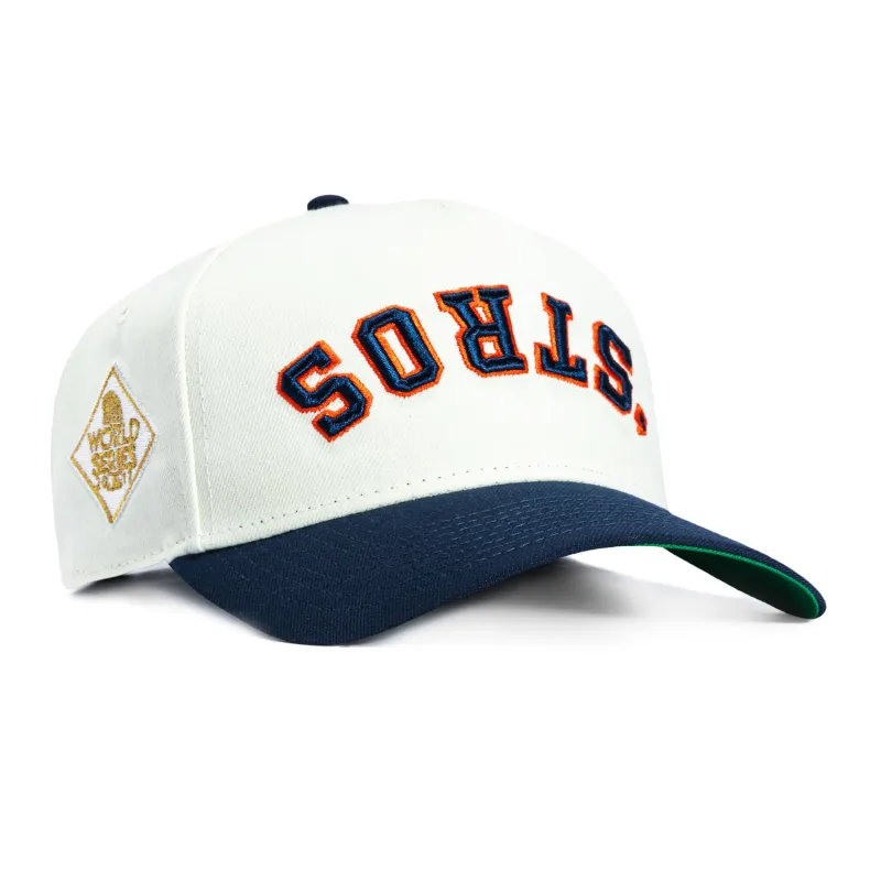 New Era 9Forty A-Frame Houston Astros 2017 World Series Patch Upside Down Word 'Stros Snapback Hat - White, Navy made by Hat Club