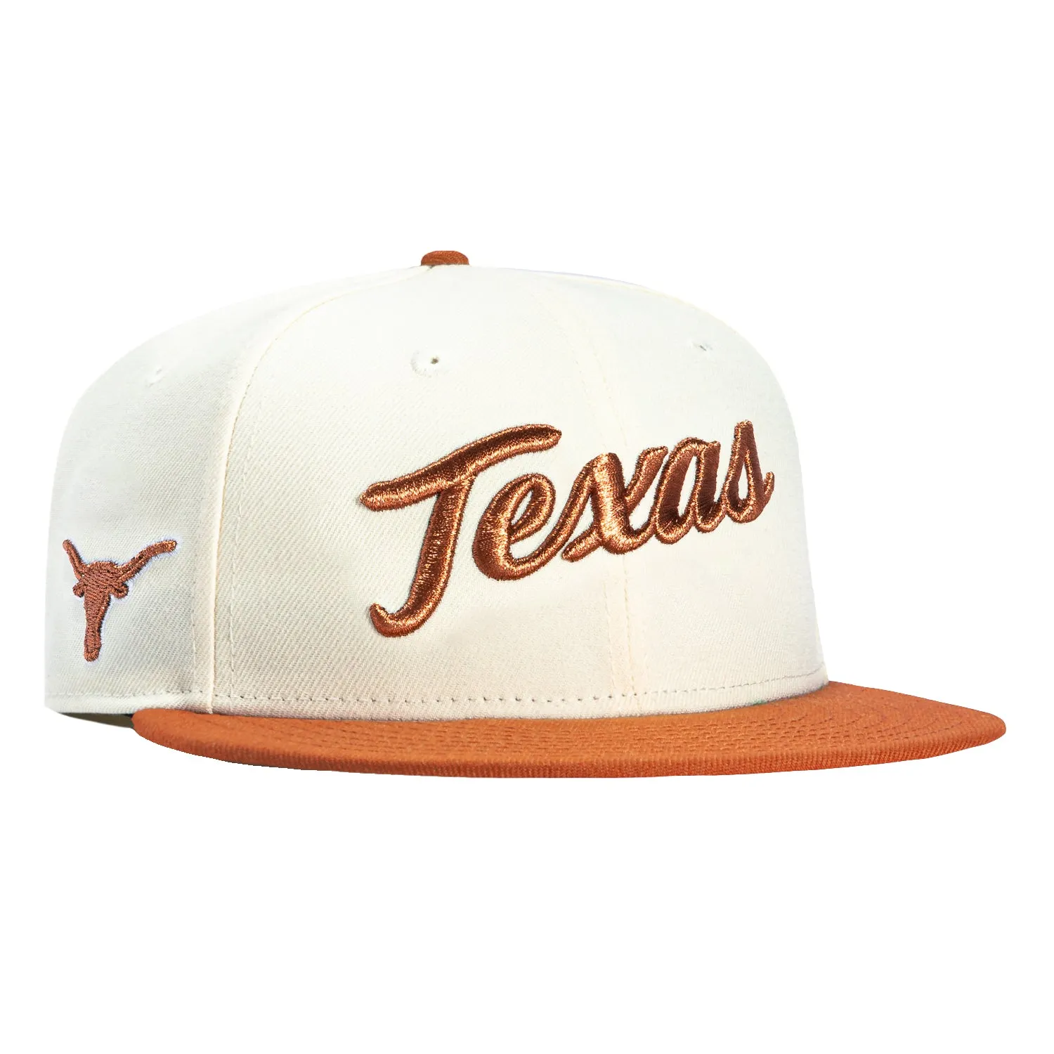 New Era 59Fifty Texas Longhorns Logo Patch Script Hat - White, Burnt Orange sold by Hat Club