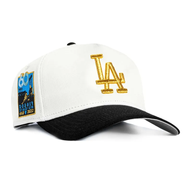 New Era 9Forty A-Frame Los Angeles Dodgers 60th Anniversary Stadium Patch Snapback Hat - White, Black, Metallic Gold sold by Hat Club