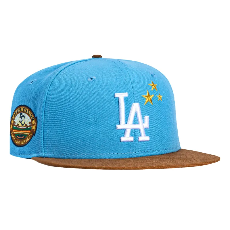 New Era 59Fifty Toasted Peanut Dodgers 50th Anniversary Stadium Patch Stars Hat light Blue UV - Light Blue, Khaki sold by Hat Club