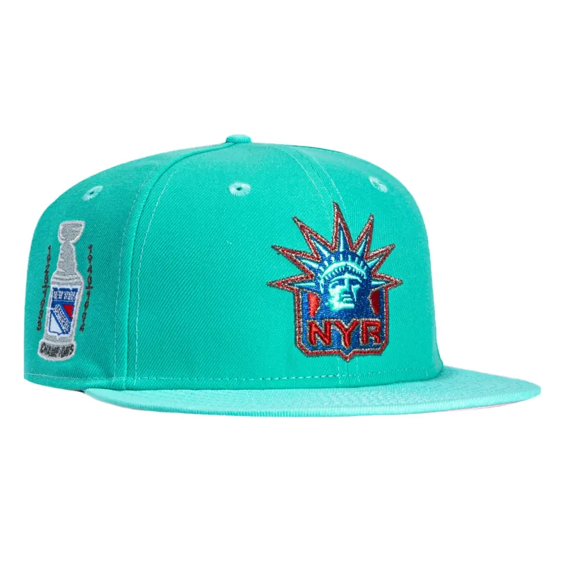 New Era 59Fifty New York Rangers 4X Champions Patch Pink UV Hat - Teal, Mint sold by Hat Club