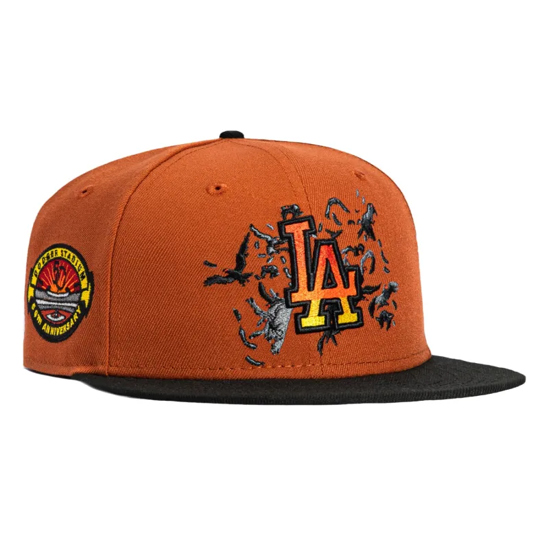 New Era 59Fifty Horror Pack Los Angeles Dodgers 50th Anniversary Stadium Patch Crow Hat - Burnt Orange, Black sold by Hat Club