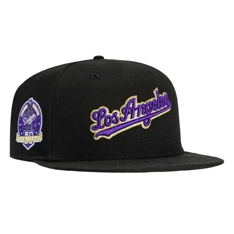 New Era 59Fifty Los Angeles Dodgers 60th Anniversary Script Patch Hat - Black, Purple, Metallic Gold sold by Hat Club