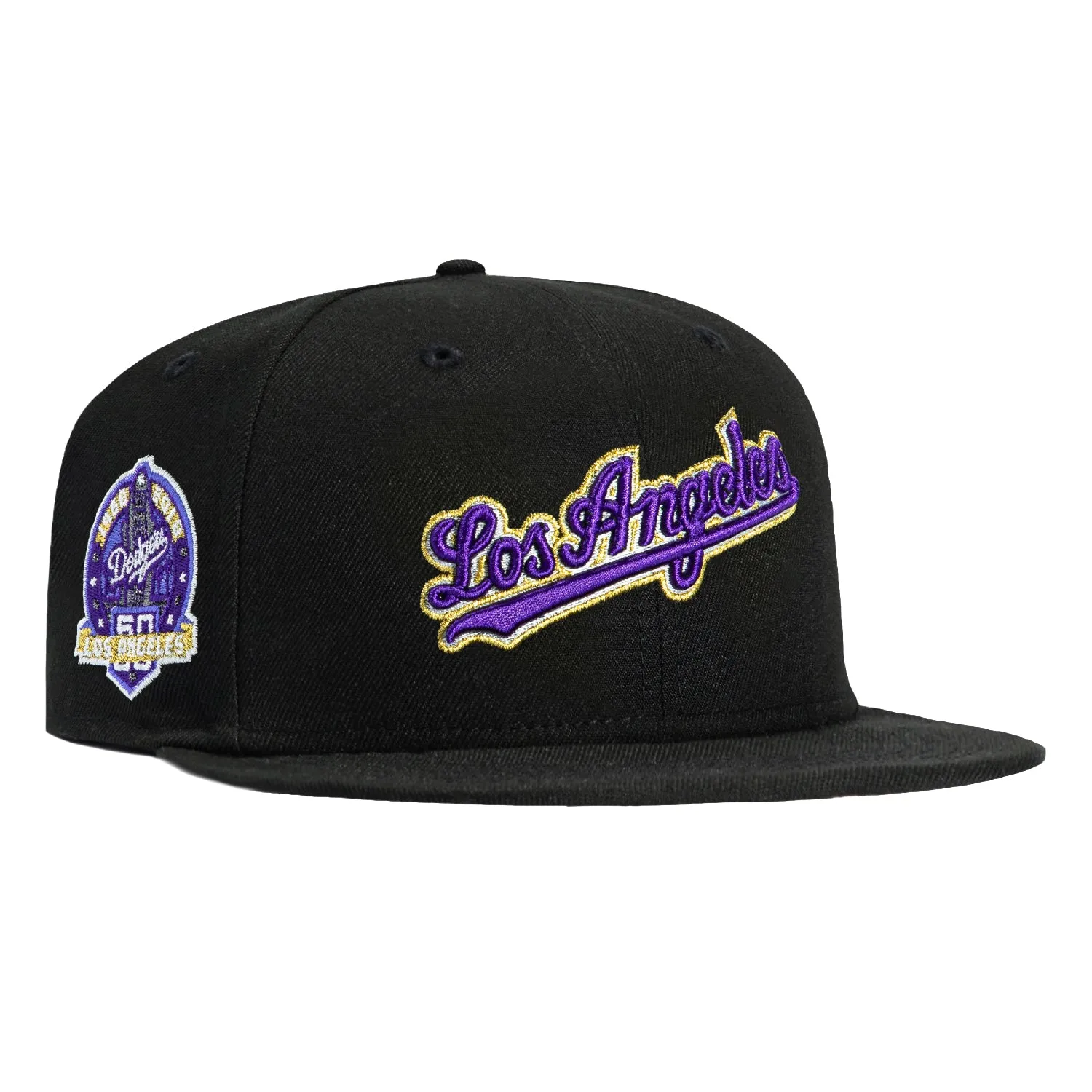 New Era 59Fifty Los Angeles Dodgers 60th Anniversary Script Patch Hat - Black, Purple, Metallic Gold sold by Hat Club