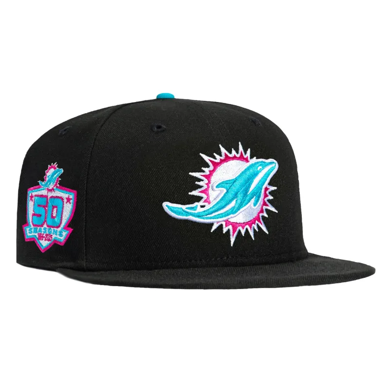 New Era 59Fifty Miami Dolphins 50th Anniversary Patch Pink UV Hat - Black, Neon Blue, Magenta sold by Hat Club