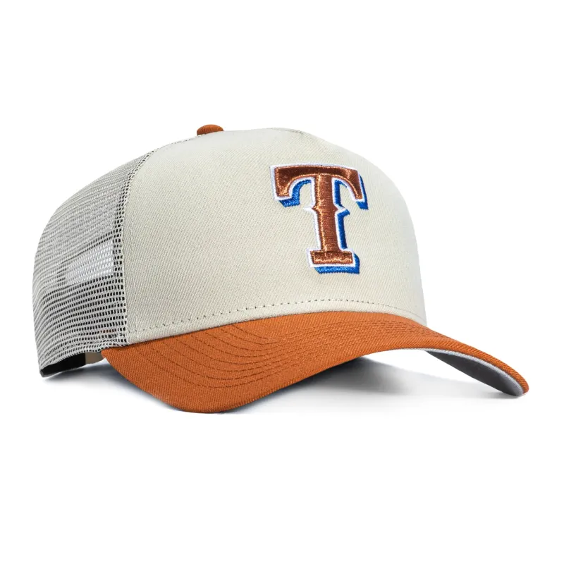 New Era 9Forty A-Frame Texas Rangers Snapback Trucker Hat - Stone, Brown sold by Hat Club