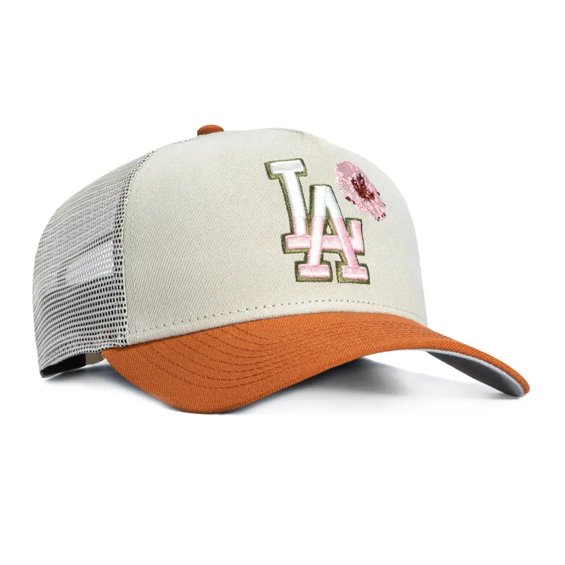 New Era 9Forty A-Frame Los Angeles Dodgers Snapback Trucker Sharon Hat - Stone, Brown sold by Hat Club