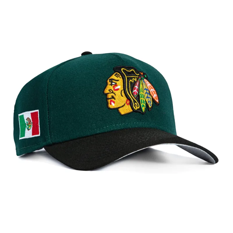 New Era 9Forty A-Frame Chicago Blackhawks Mexico Flag Patch Snapback Hat - Green, Black sold by Hat Club