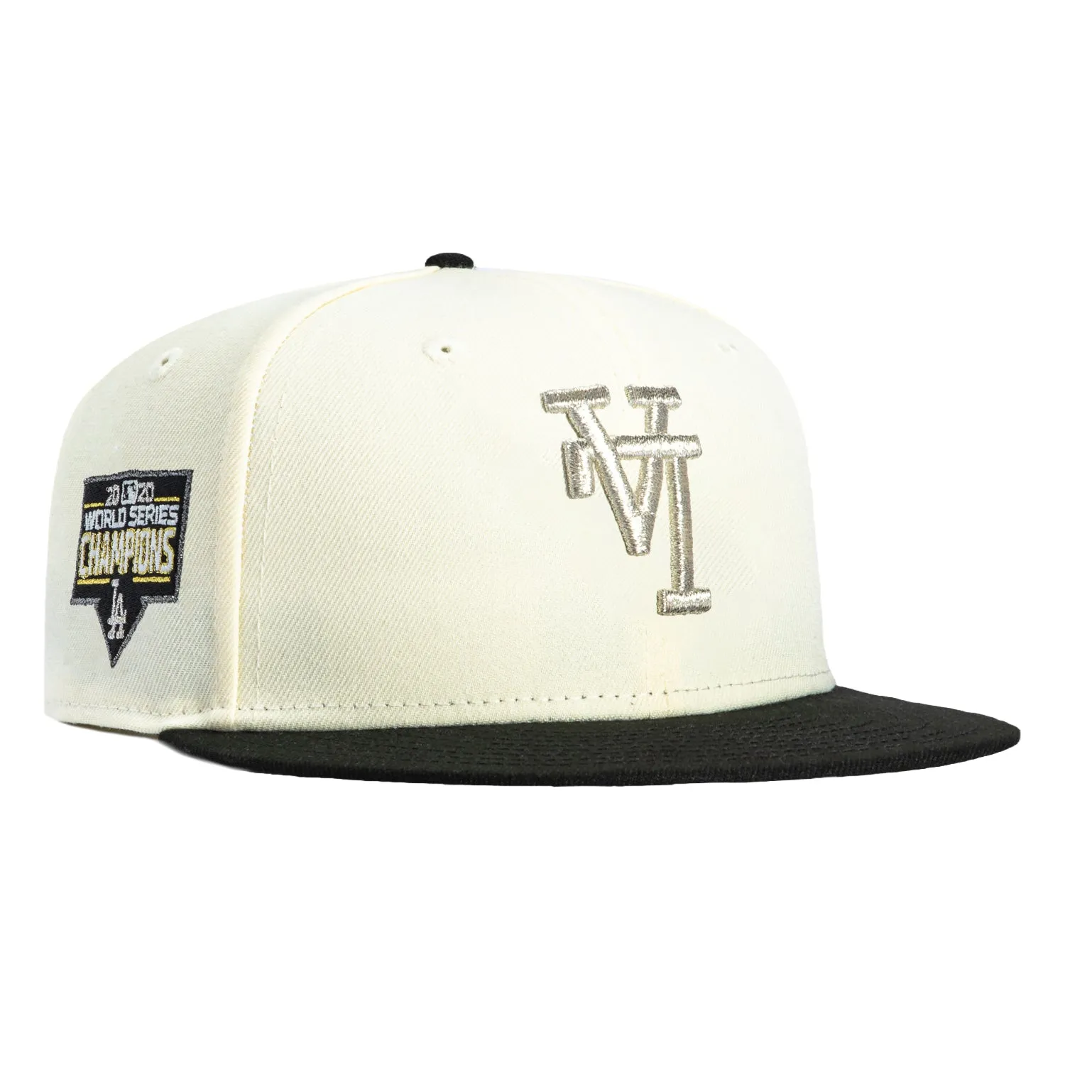 New Era 59Fifty Los Angeles Dodgers 2020 World Series Champions Patch Upside Down Hat - White, Black, Metallic Silver sold by Hat Club