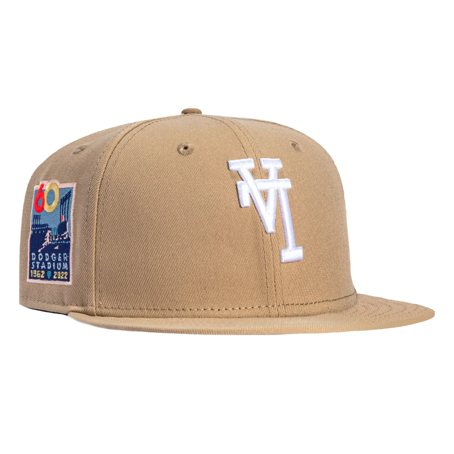 New Era 59Fifty Los Angeles Dodgers 60th Anniversary Stadium Patch Upside Down Hat - Tan, White sold by Hat Club